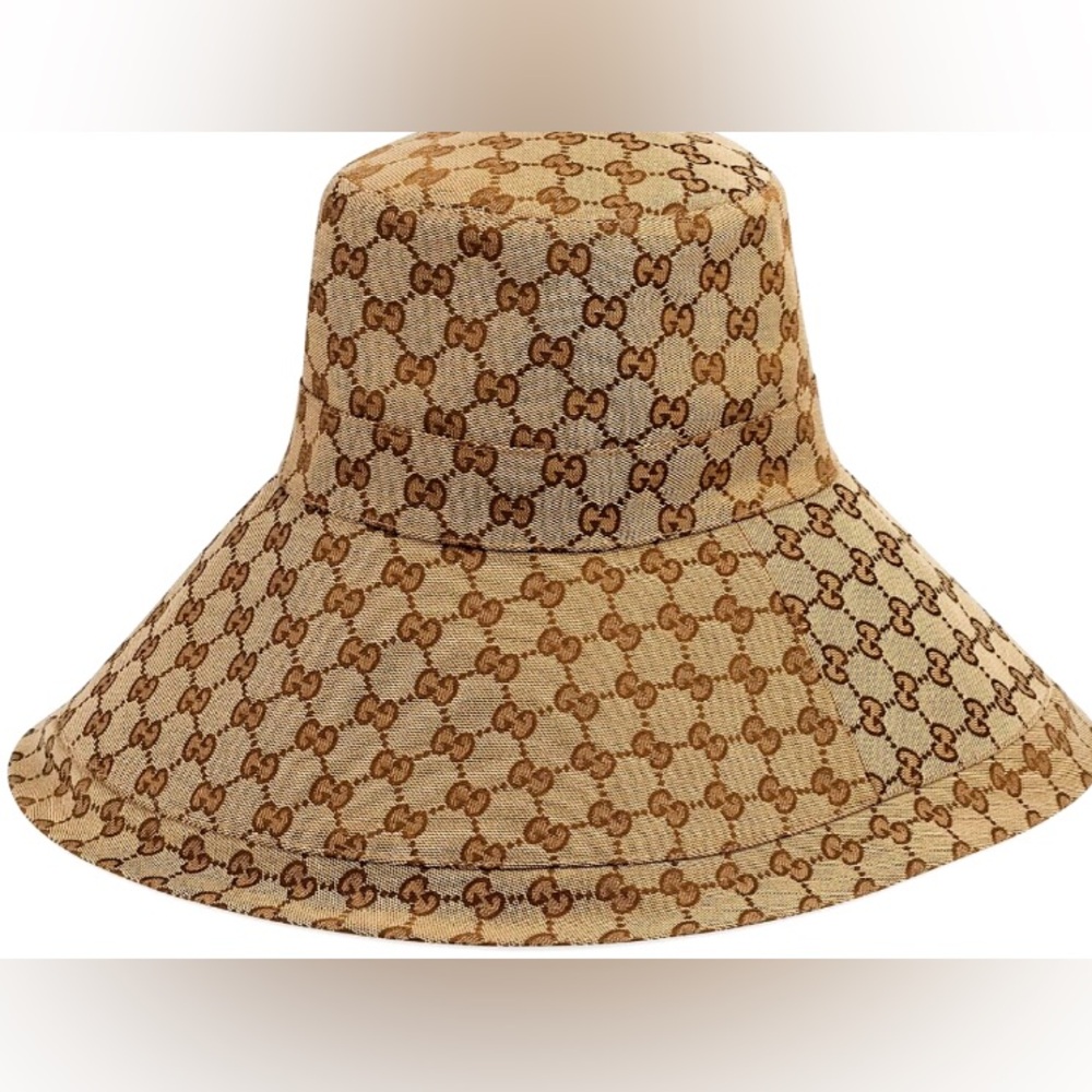 Beige Wide Brim Large Jacquard Canvas Monogram Bucket Hat Sun Coverage Beach New - Picture 2 of 16
